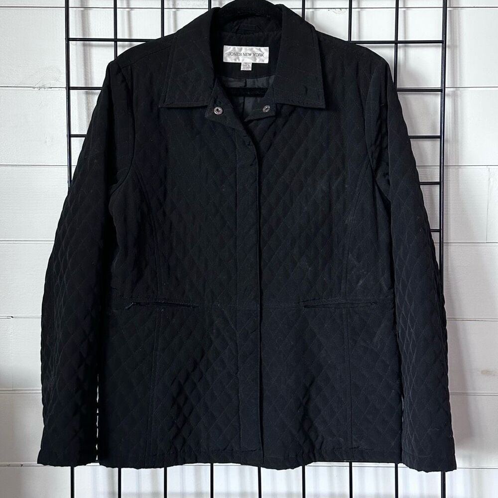 Jones New York Hooded Rain Coat Womens M Black A-Line Pleated Back